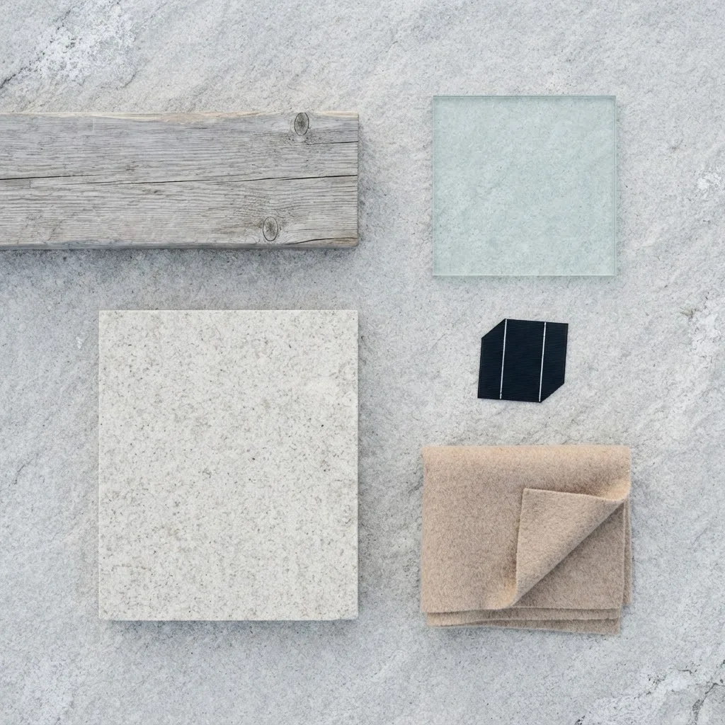 Artist's impression of material samples laid flat: silver timber, grey stone, glass, a piece of solar panel and wool