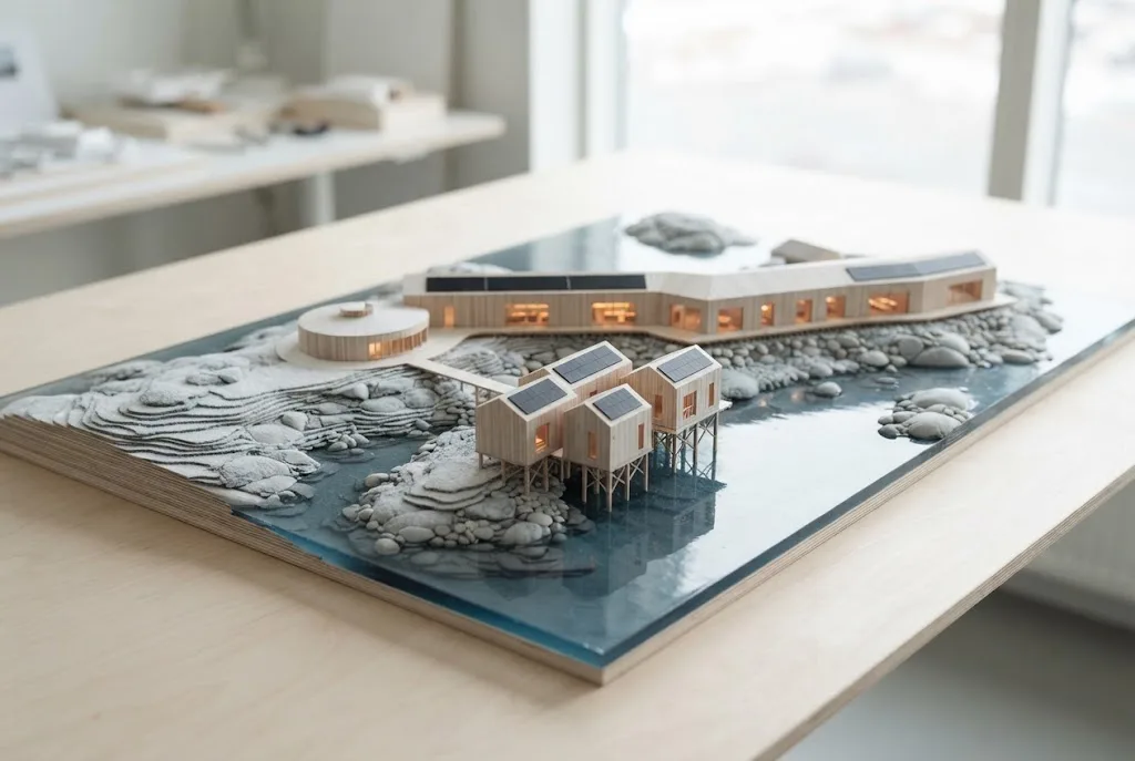 Artist's impression of an architectural model in timber and white card showing the curved lodge, the cabins and the shoreline