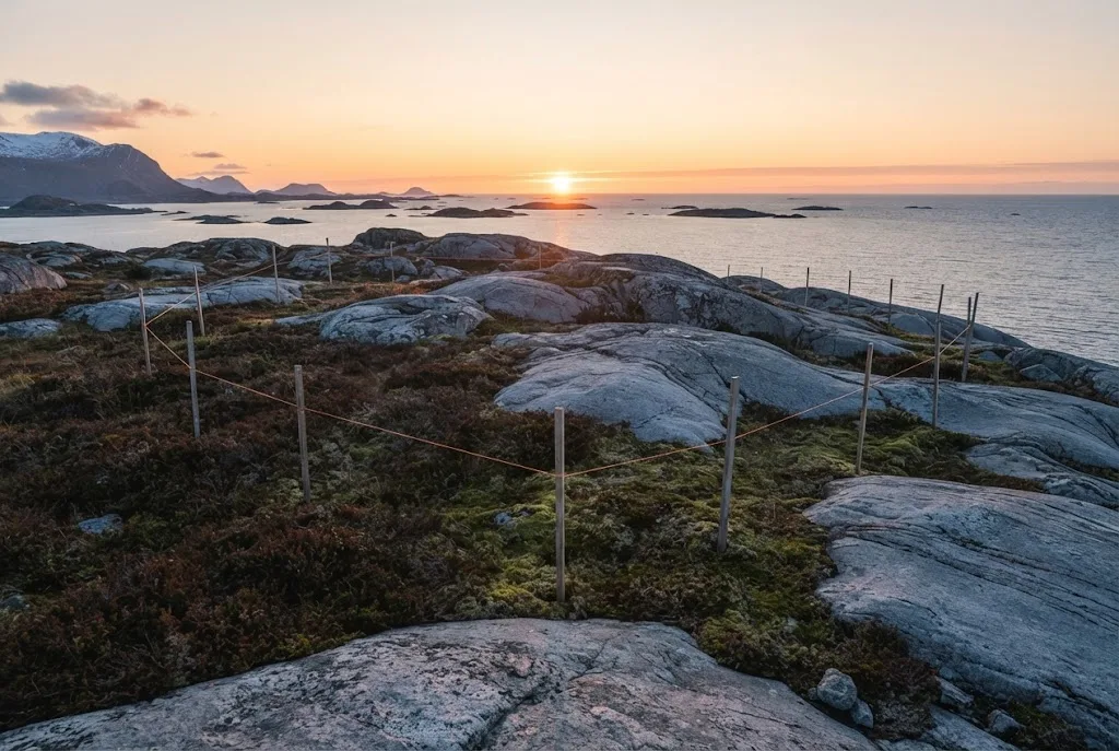Artist's impression of the undeveloped rocky site by the sea, with timber survey stakes and string in the midnight light