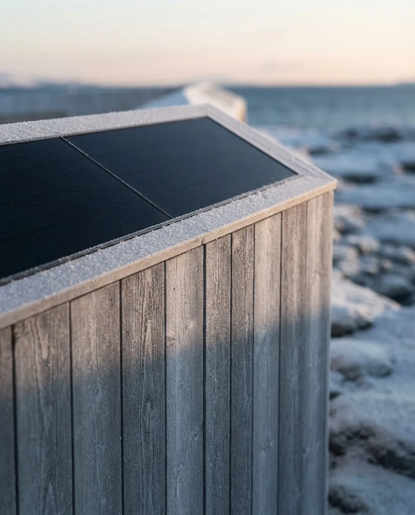 Artist's impression of a facade detail: silver-grey timber cladding with integrated matt black solar panels and frost