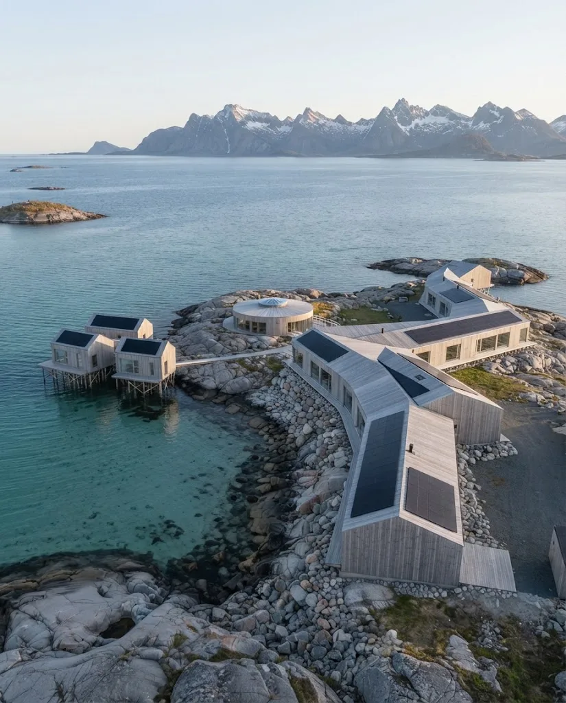Artist's impression of the planned estate seen from above: the curved lodge, sea cabins, a round spa pavilion with a rooflight, small islands and turquoise shallows