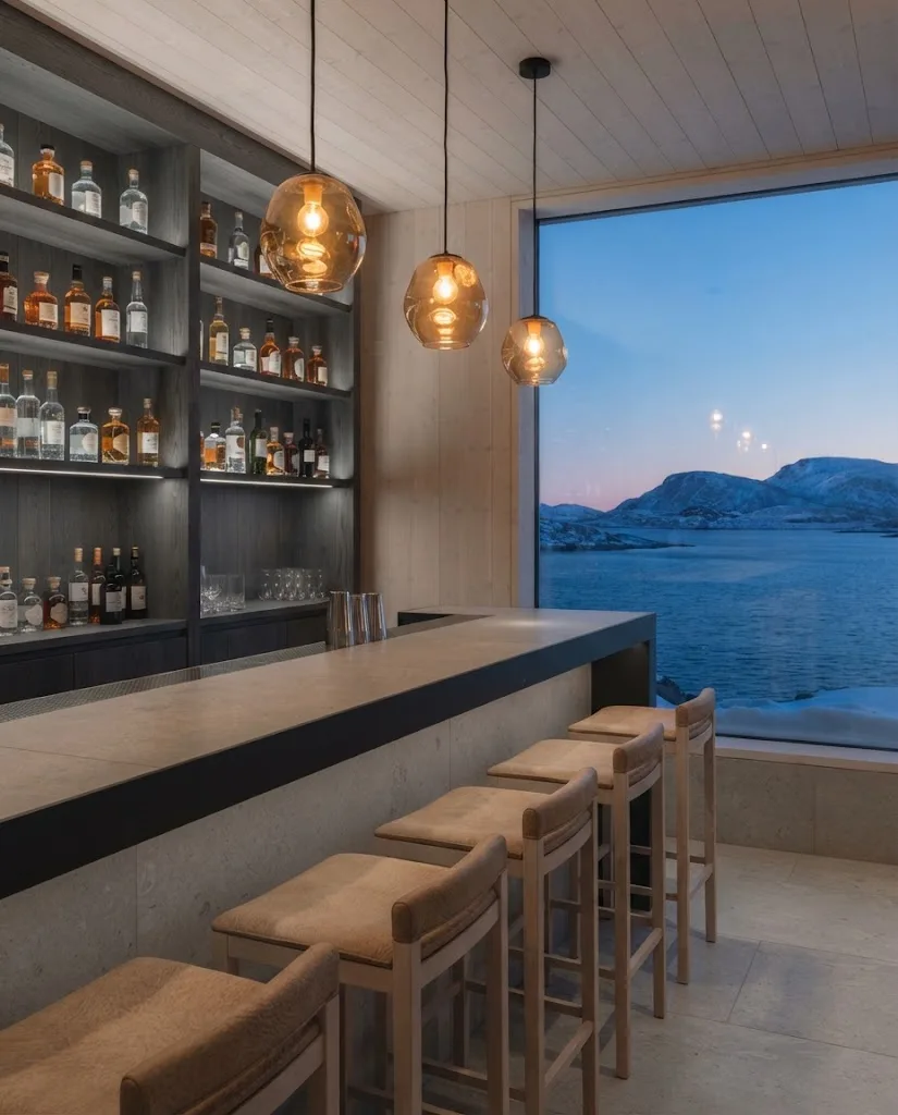 Artist's impression of the planned bar in pale stone and black metal, with amber glass lamps and unlabelled bottles