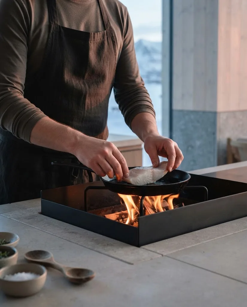 Artist's impression of a chef's hands at a counter over an open fire, face out of frame
