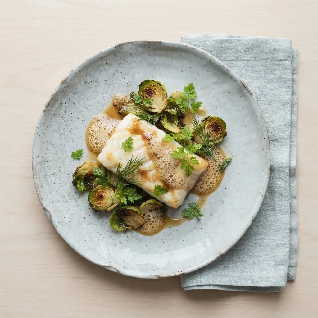 Artist's impression of a plated dish of skrei winter cod with Brussels sprouts and brown butter