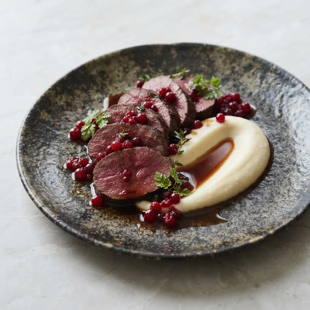 Artist's impression of a plated dish of reindeer with celeriac purée and lingonberries