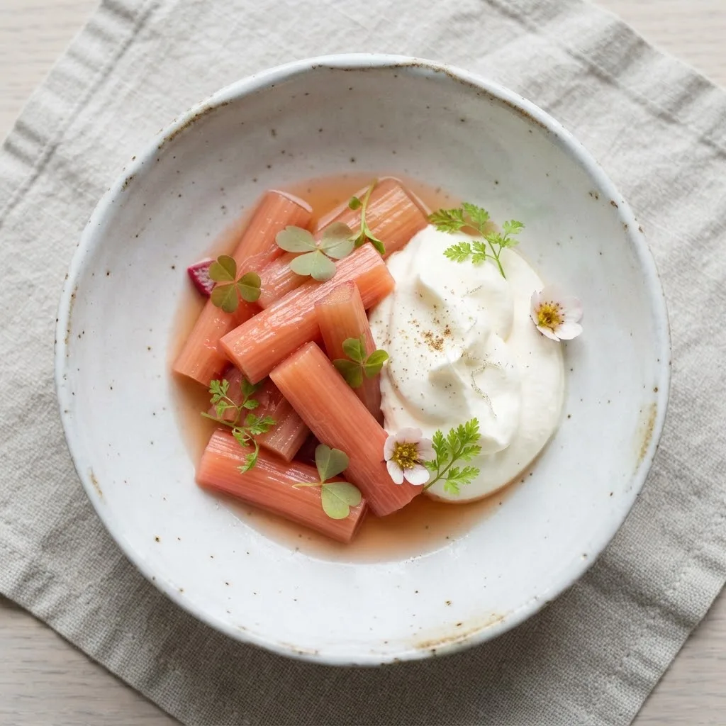 Artist's impression of a rhubarb dessert with whipped cream and fresh herbs on handmade ceramics