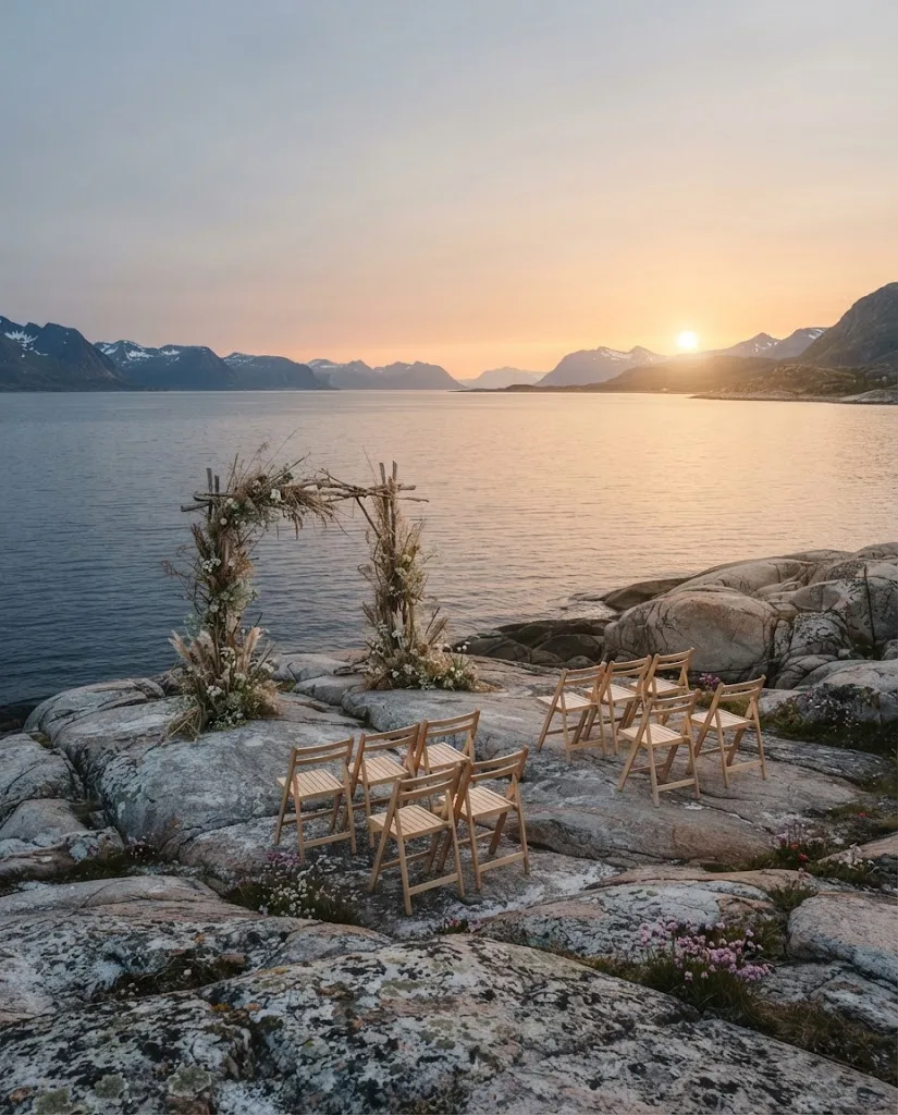 Artist's impression of a ceremony set-up on the rocky shore under the midnight sun, with chairs and an arch of grasses