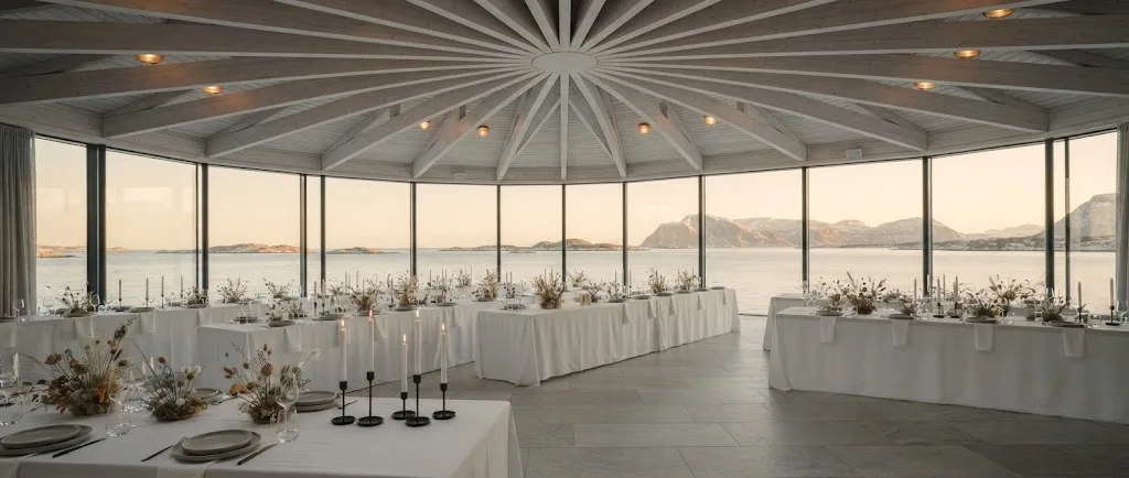 Artist's impression of the planned Solstice Hall, with a timber ceiling of radiating beams, a banquet set-up and windows onto the sea