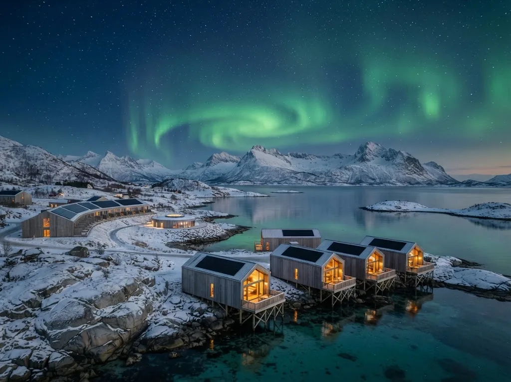Artist's impression of the northern lights over mountains and the sea, with cabins below