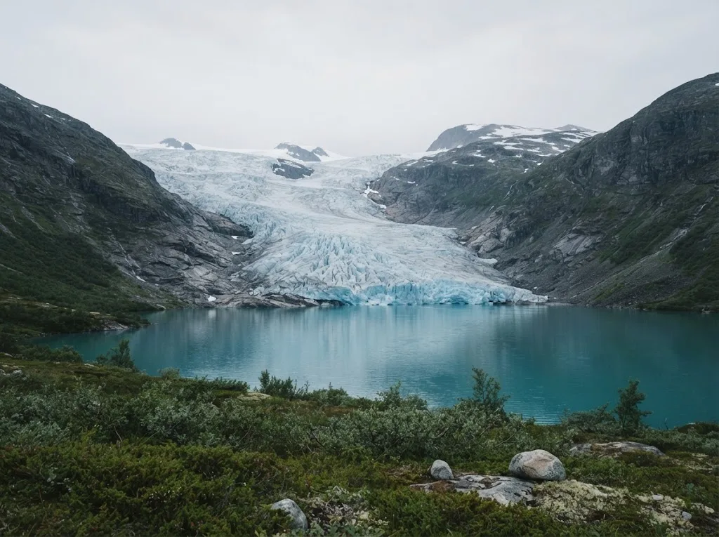 Artist's impression of a glacier tongue above a turquoise lake in the mountains