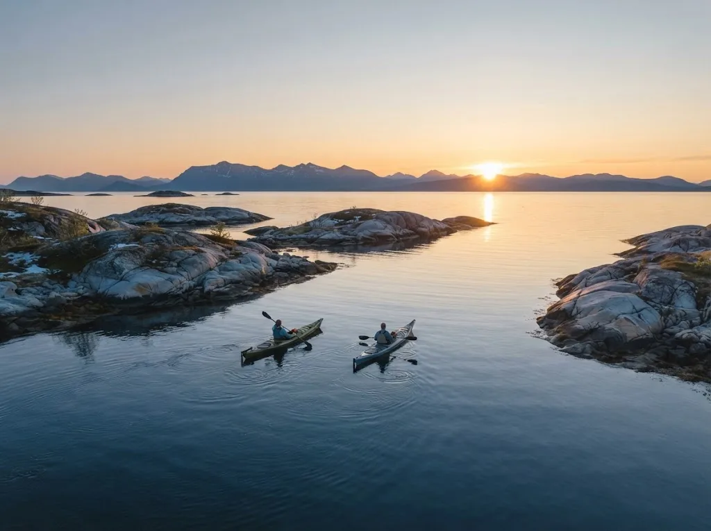Artist's impression of two kayaks on a calm sea between islands under the midnight sun, paddlers seen from behind