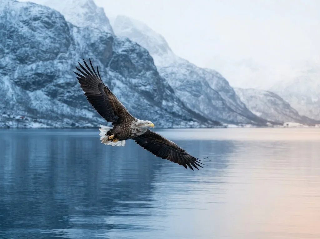 Artist's impression of a white-tailed sea eagle in flight over a fjord
