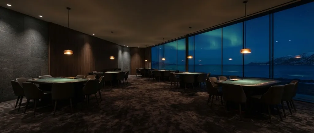 Artist's impression of the planned hotel casino lounge, an empty room of dark graphite, glass and amber light with the aurora beyond the windows