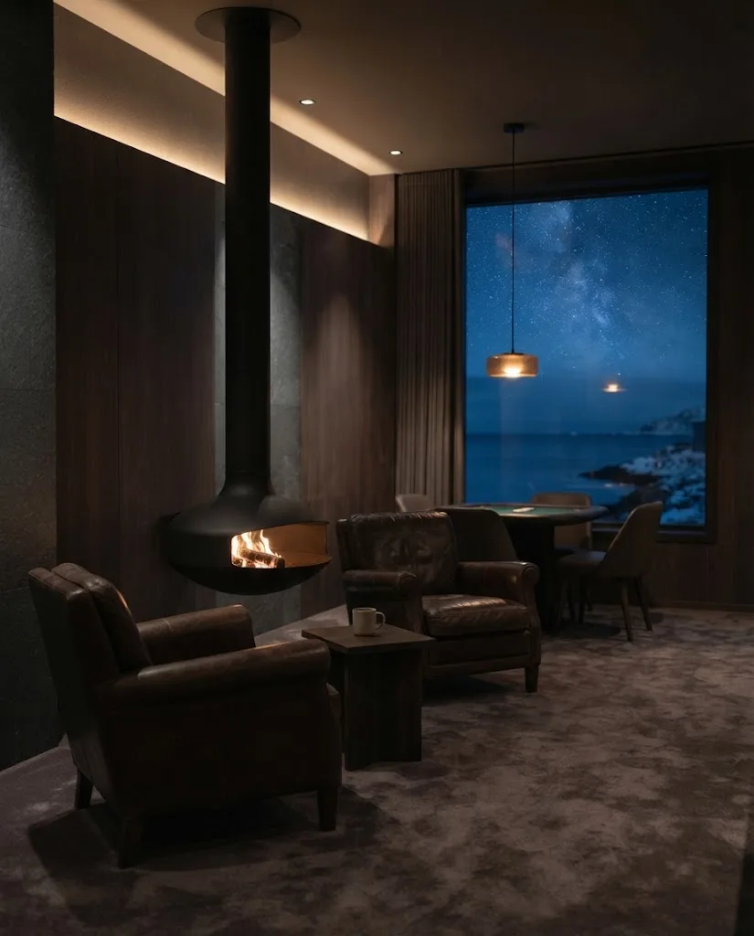 Artist's impression of the planned private salon, with a round fireplace, armchairs and one gaming table