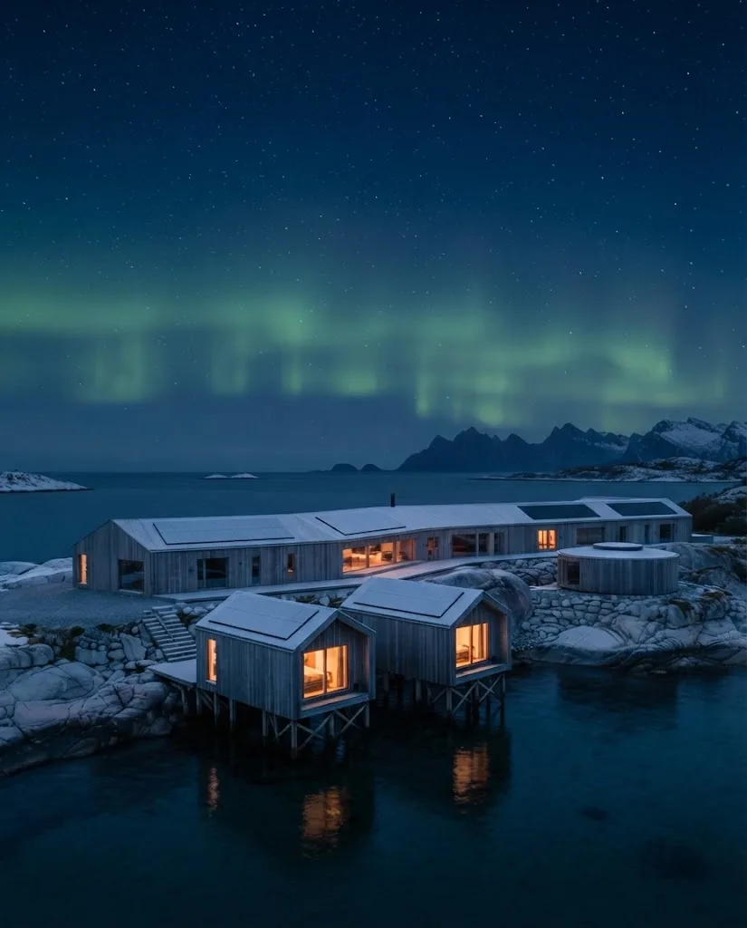 Artist's impression of the planned sea cabins on timber piles above clear water, with green northern lights over the polar night
