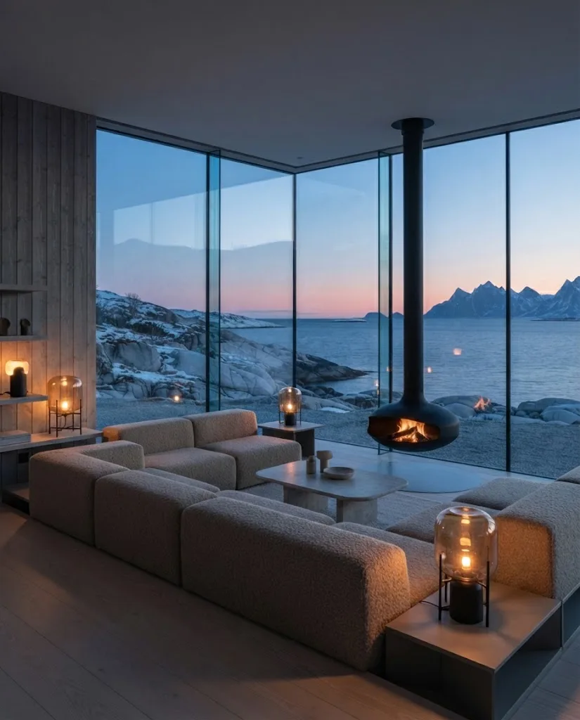 Artist's impression of the planned glass lounge at blue hour, with warm lamps inside and a snowy shore and sea beyond the windows