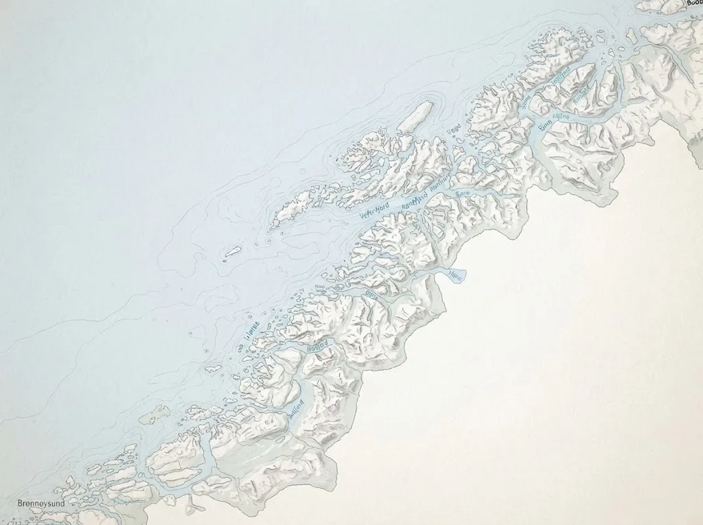 Artist's impression of an illustrated map of the Nordland coast, with islands, fjords and mountains