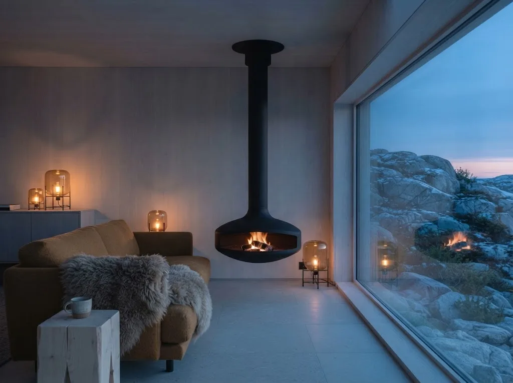 Artist's impression of the living room with a fireplace in the planned Aurora Glass Suite