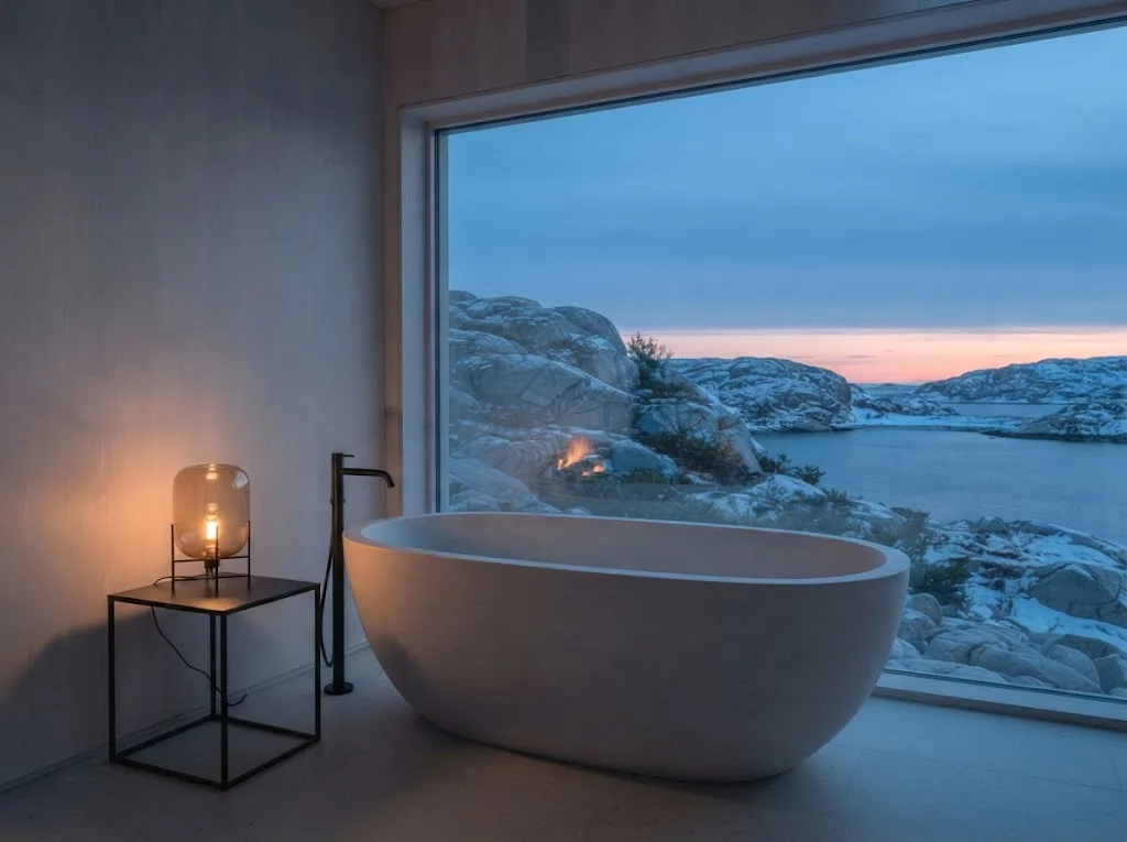 Artist's impression of the bathroom with a window onto the snow in the planned Aurora Glass Suite
