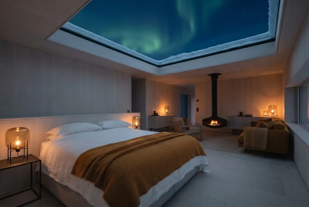 Artist's impression of the planned Aurora Glass Suite bedroom, with a glass section of roof above the bed and the northern lights