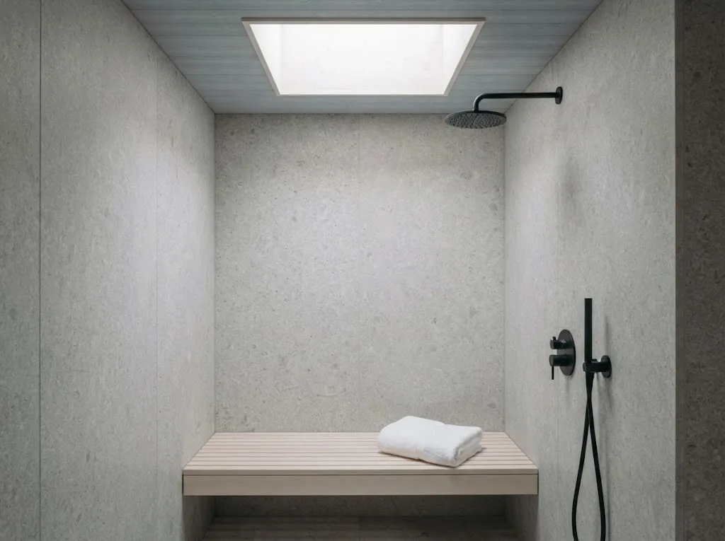 Artist's impression of a grey stone shower under a rooflight in the planned Coast Room