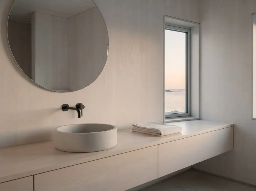 Artist's impression of the planned Horizon Room bathroom in pale stone and birch