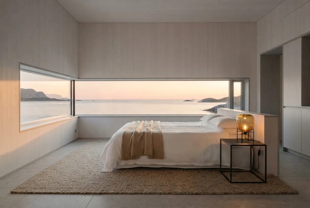 Artist's impression of the planned Horizon Room, with a long low window at bed height framing the sea horizon