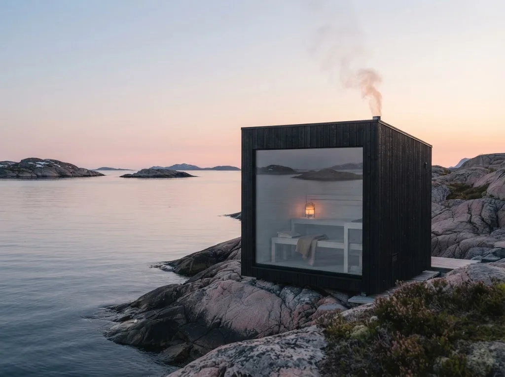 Artist's impression of the private cube-shaped sauna above the sea at the planned Island Residence