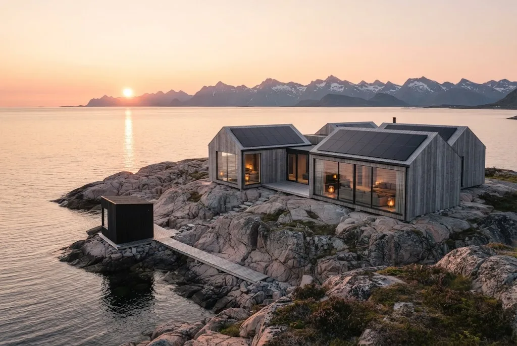 Artist's impression of the planned Island Residence, a group of buildings with solar roofs on a rocky headland