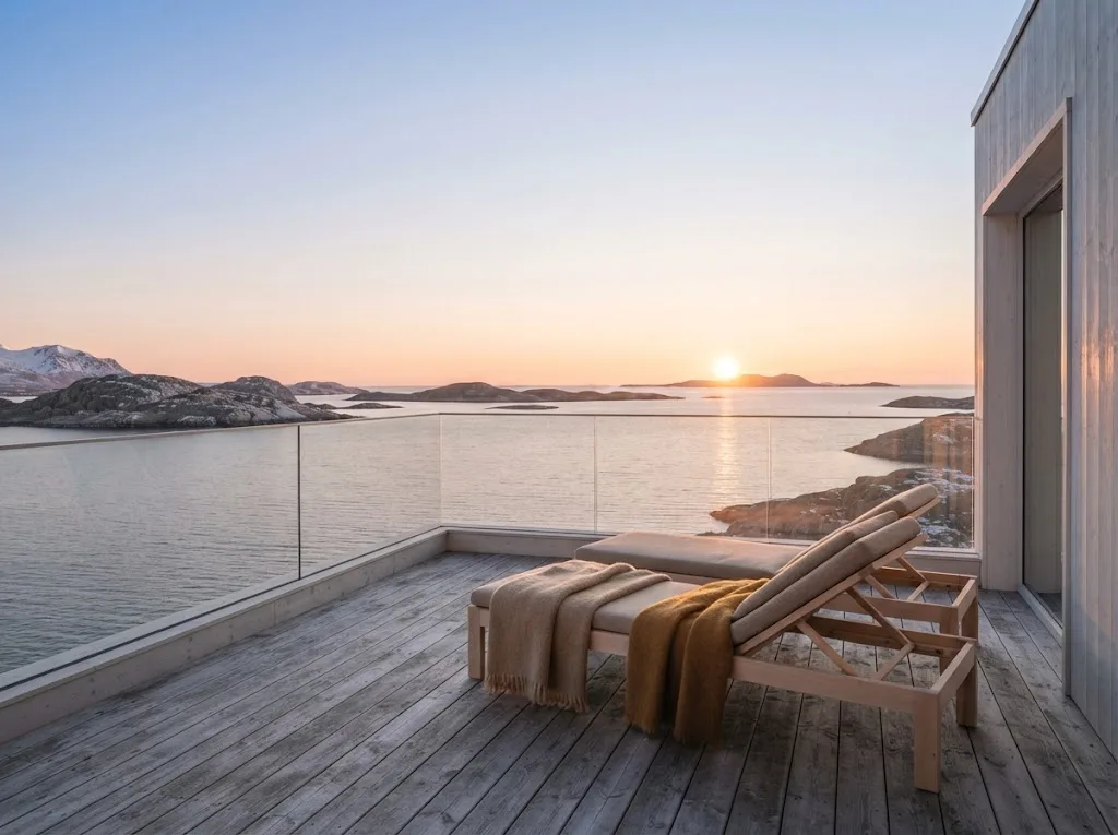 Artist's impression of the terrace with two loungers in low sun at the planned Midnight Sun Suite
