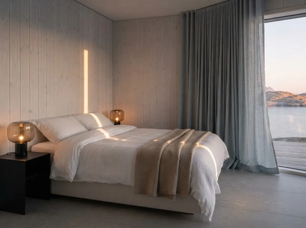 Artist's impression of the bedroom with half-drawn linen blackout curtains in the planned Midnight Sun Suite
