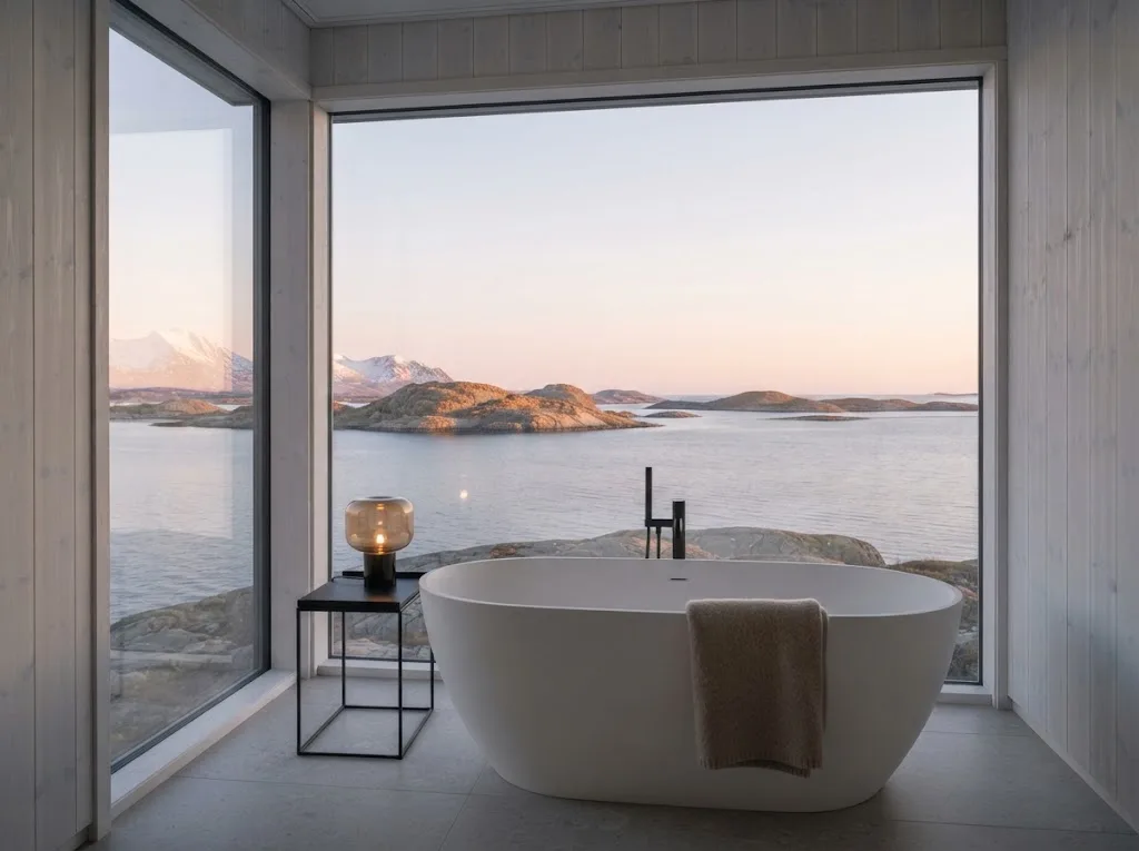 Artist's impression of the separate bathroom with a sea view in the planned Midnight Sun Suite