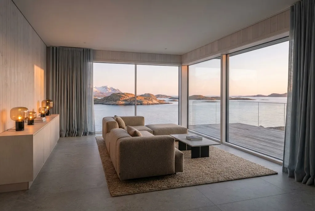 Artist's impression of the planned Midnight Sun Suite, a corner living room with north-facing windows in the midnight sun