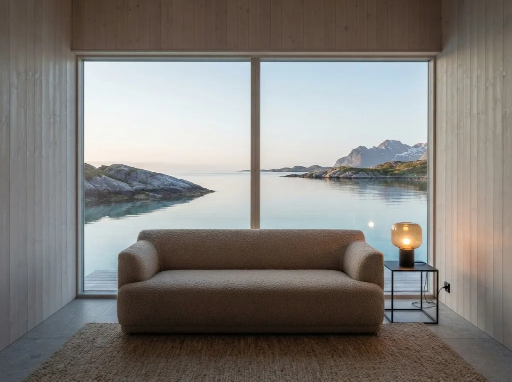 Artist's impression of the living room with a window at water level in a planned Sea Cabin
