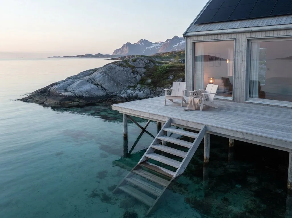 Artist's impression of the private terrace with steps into the water at a planned Sea Cabin