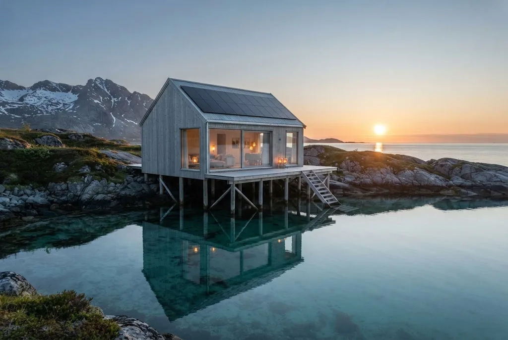 Artist's impression of a planned Sea Cabin on piles above clear water, with solar panels on the roof