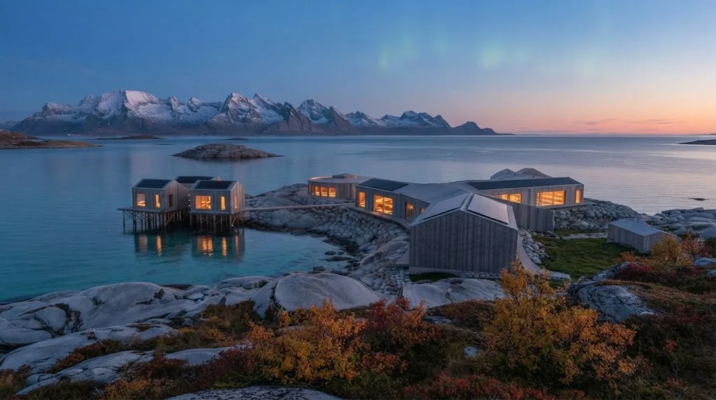 Artist's impression of autumn at the planned estate: golden dwarf birch, dusk and the first aurora over the mountains