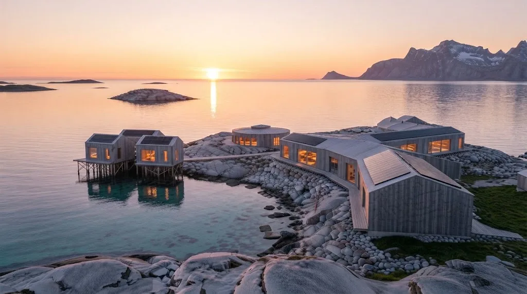 Artist's impression of the planned lodge under the midnight sun, with low gold and pink light over the sea and islands