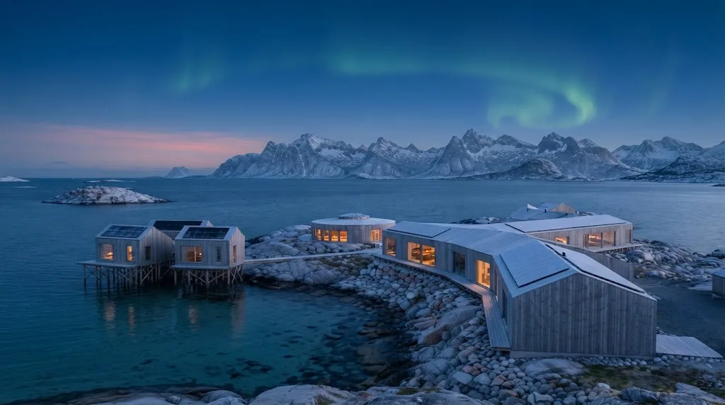 Artist's impression of the planned estate in the polar night: deep blue light, snow, warm windows and a faint aurora