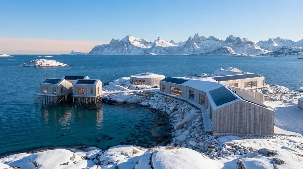 Artist's impression of the planned estate in spring: bright sun, deep snow, a blue sea and solar roofs clear of snow