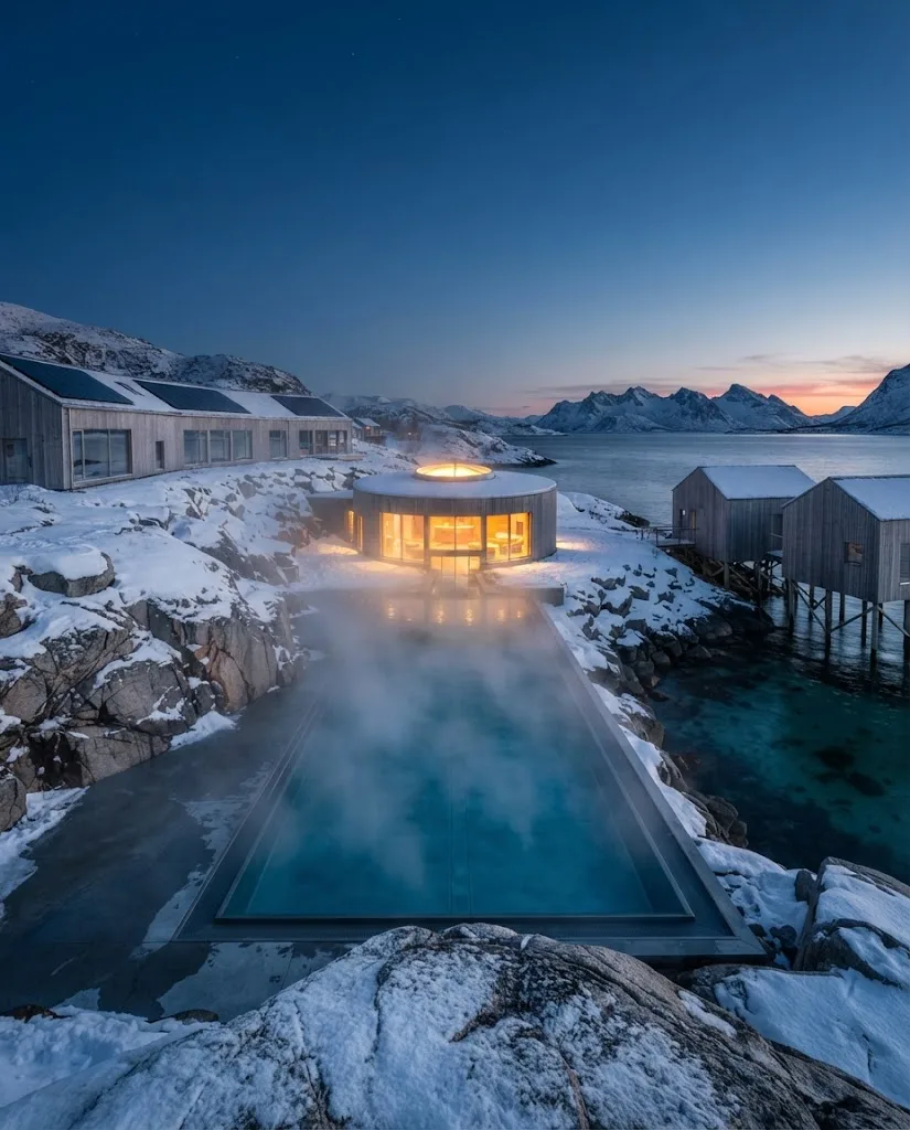 Artist's impression of a heated outdoor pool in the snow, with steam in the blue hour