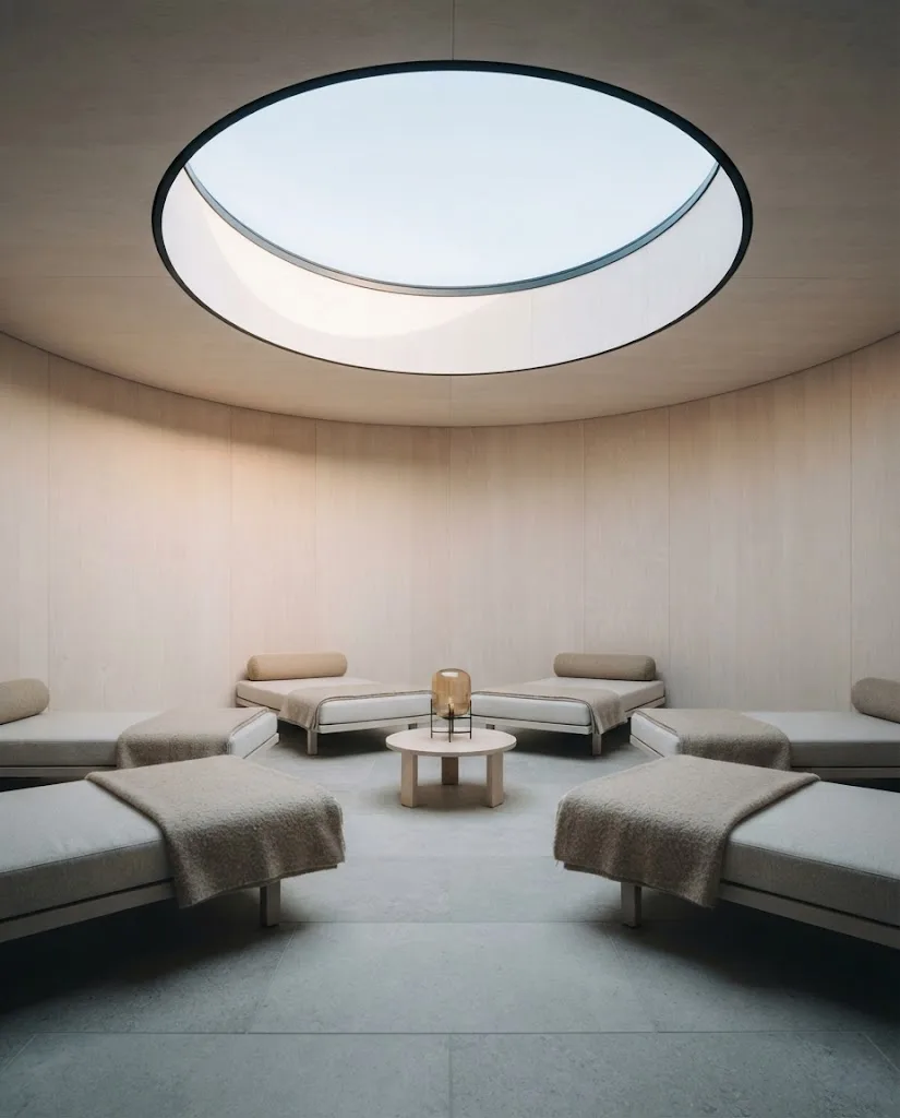 Artist's impression of the relaxation room under a round rooflight, with day beds and wool blankets