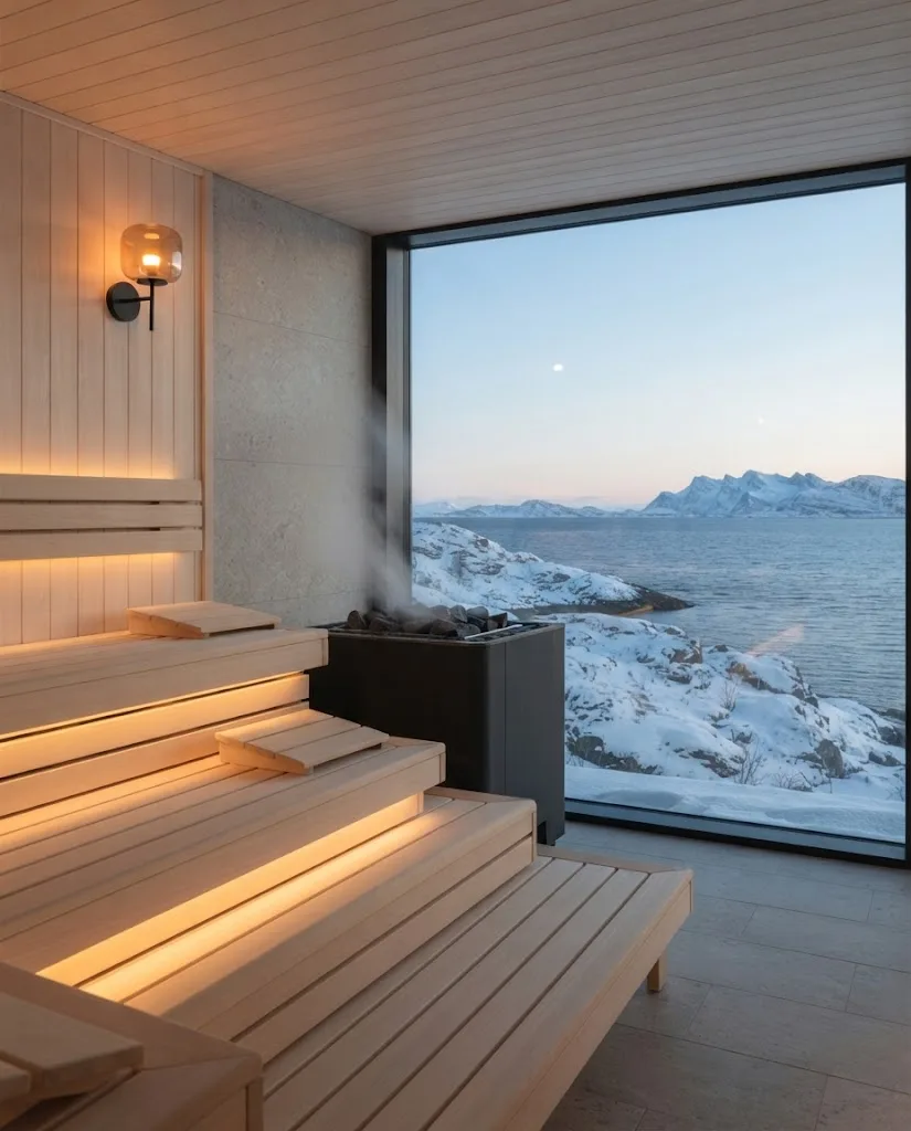 Artist's impression of the planned sauna with a panoramic window onto the snowy sea